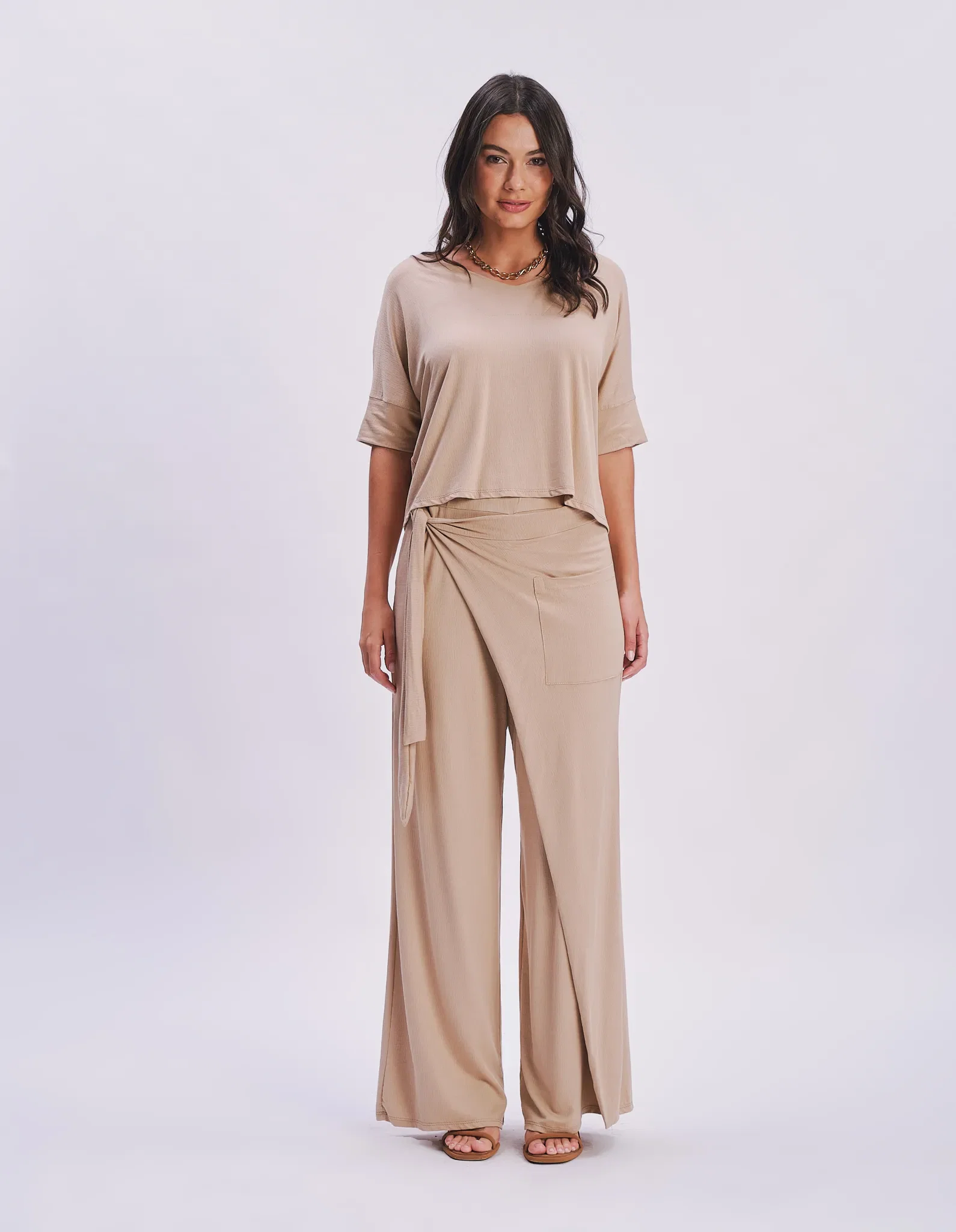 Calça Pantalona Envelope Amarração - Bege — imagem 1
