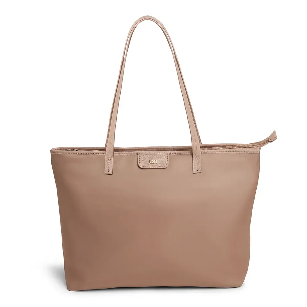 Bolsa Shopper Nude Em Nylon Com Alça em Couro — imagem 1