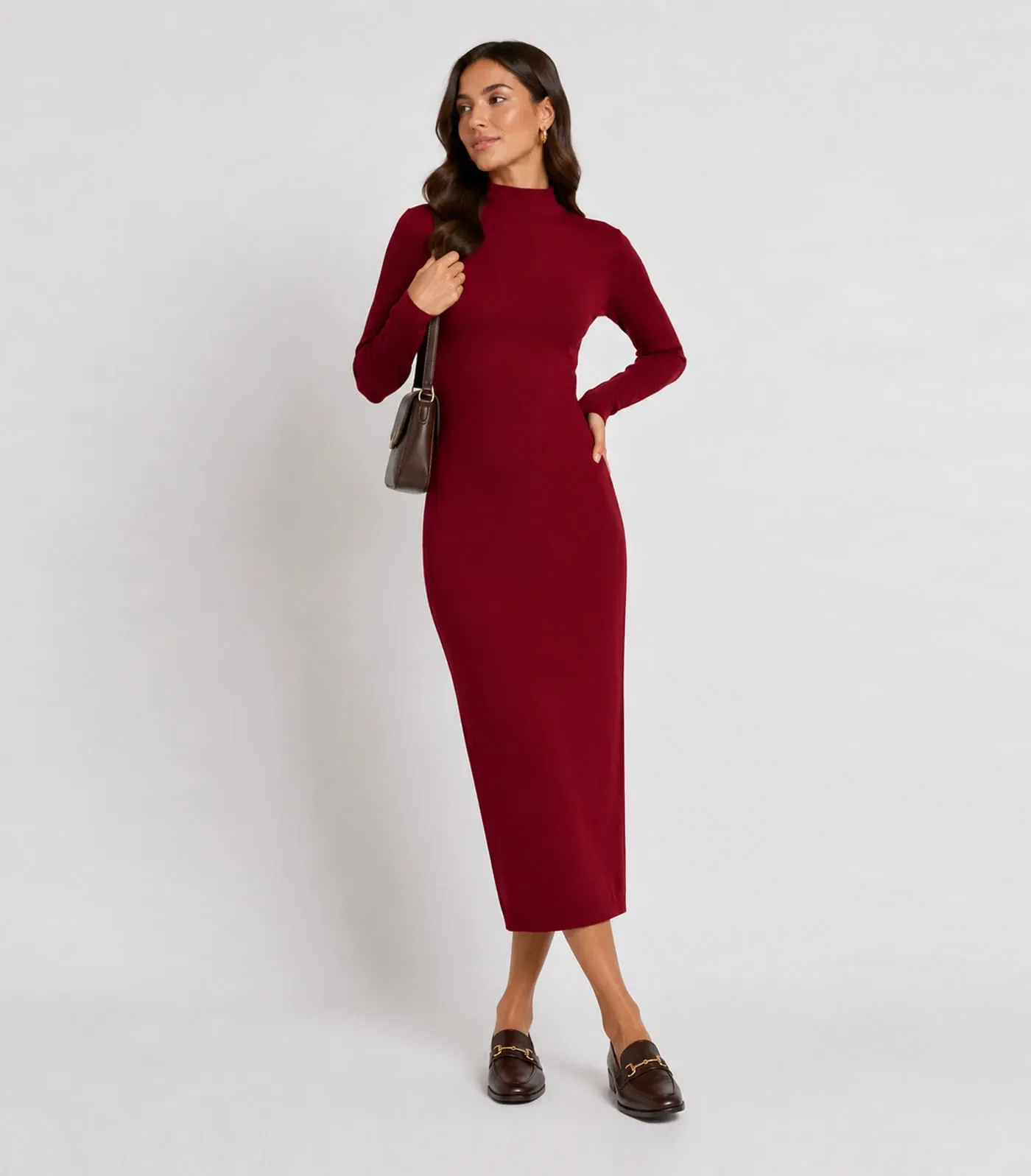 Vestido Midi Manga Comprida Gola Alta Infinita Cor Vermelho