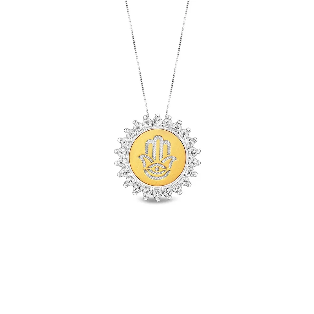 Pingente Medalha Hamsá em Prata 925 e Ouro Amarelo 18k com Topázios Incolores, 15.4mm — imagem 1