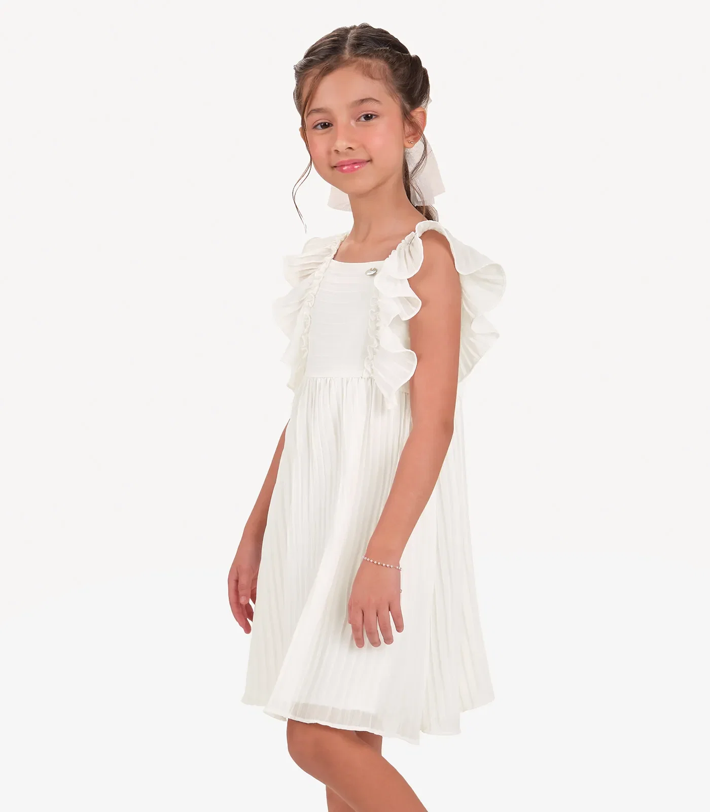 Vestido Chiffon Plissado Infantil Trick Nick Bege