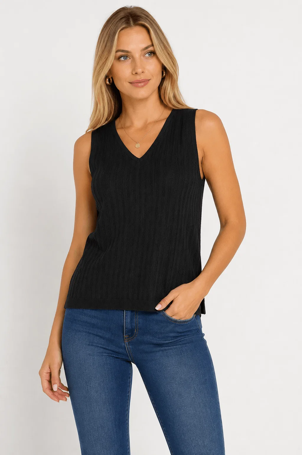 Regata Tricot Canelada Decote v - Preto