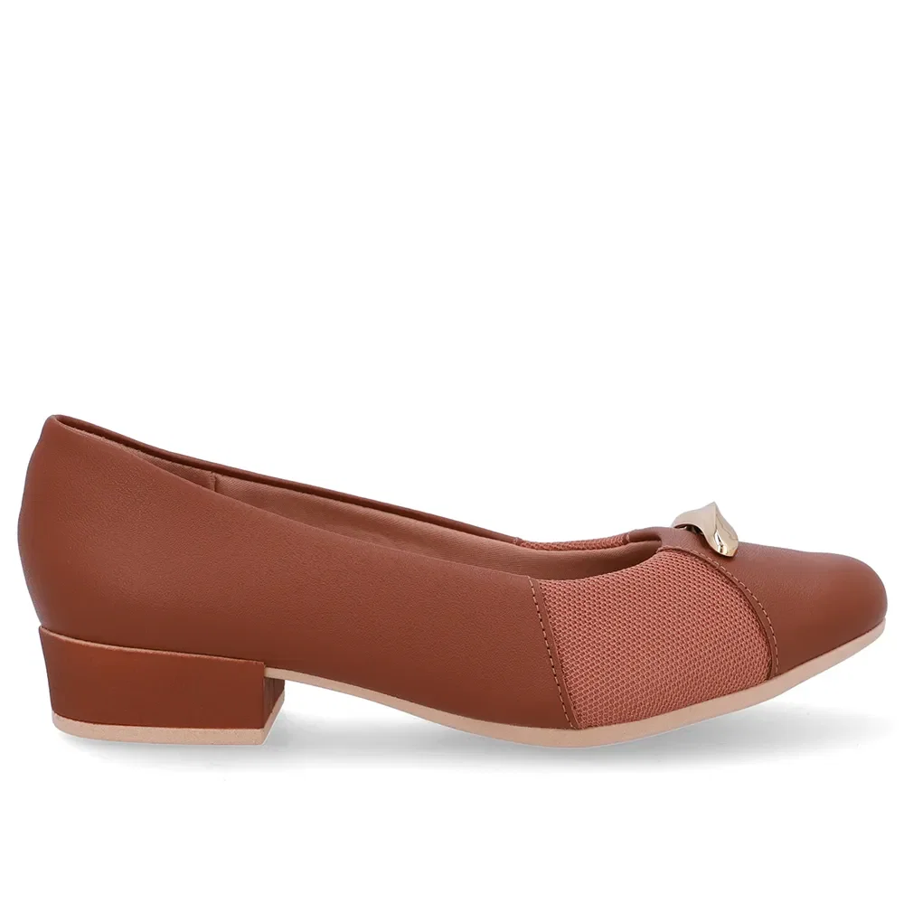 Scarpin Couro Marrom Lateral Tecido