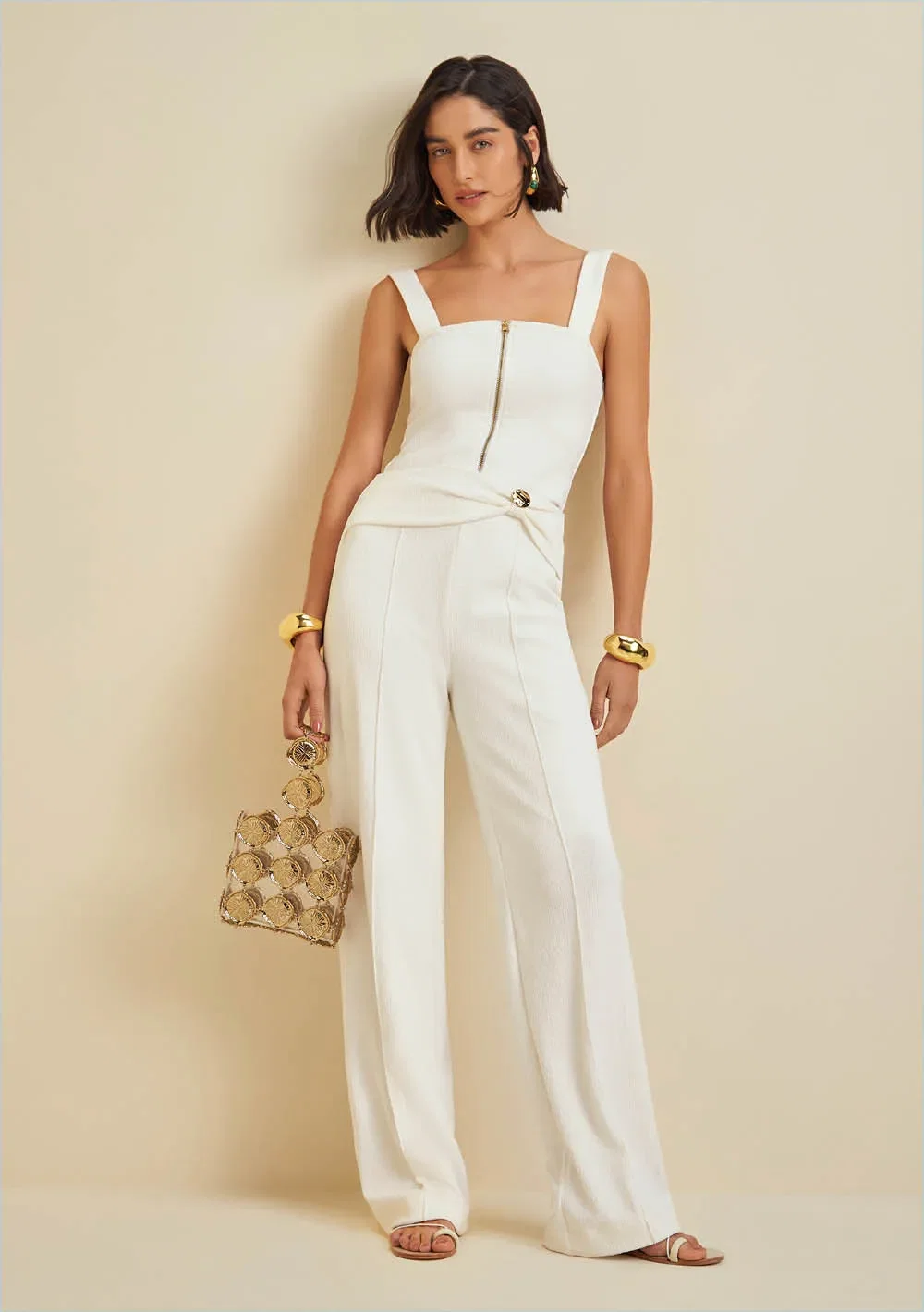 Calça Morena Rosa Reta Cós Alto Detalhe Cós Off White