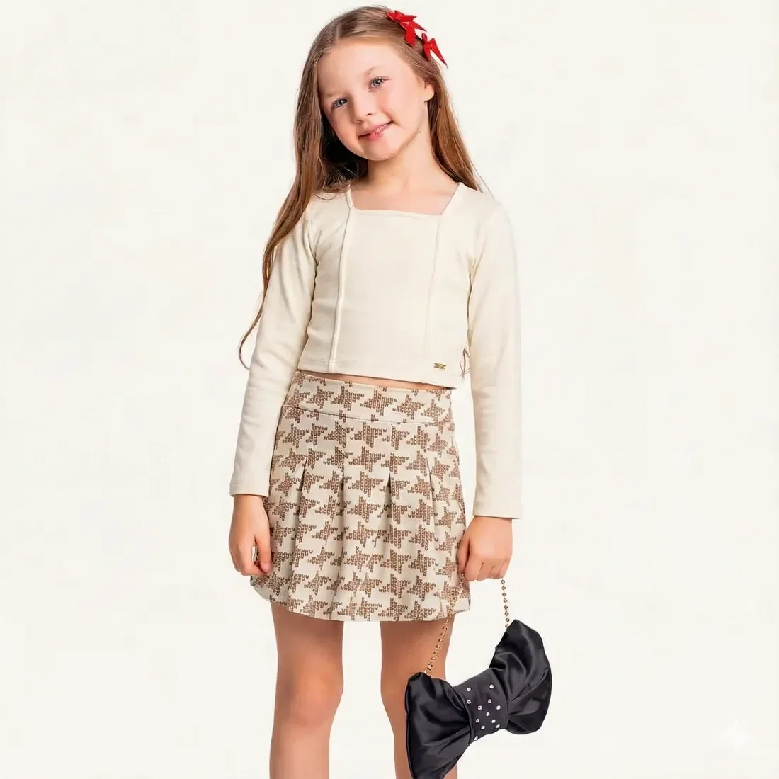 Conjunto blusa manga longa em cotton e short-saia em moletinho — imagem 1
