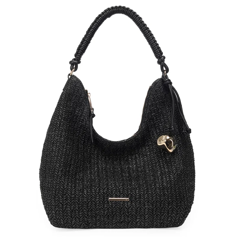 Bolsa Hobo Grande Palha Com Chaveiro Enfeite Organico