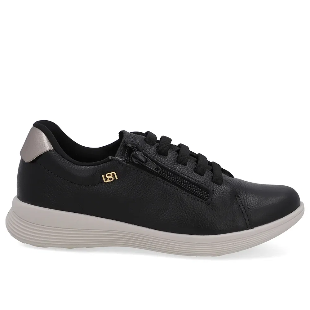 Tênis Couro Preto Zíper Lateral