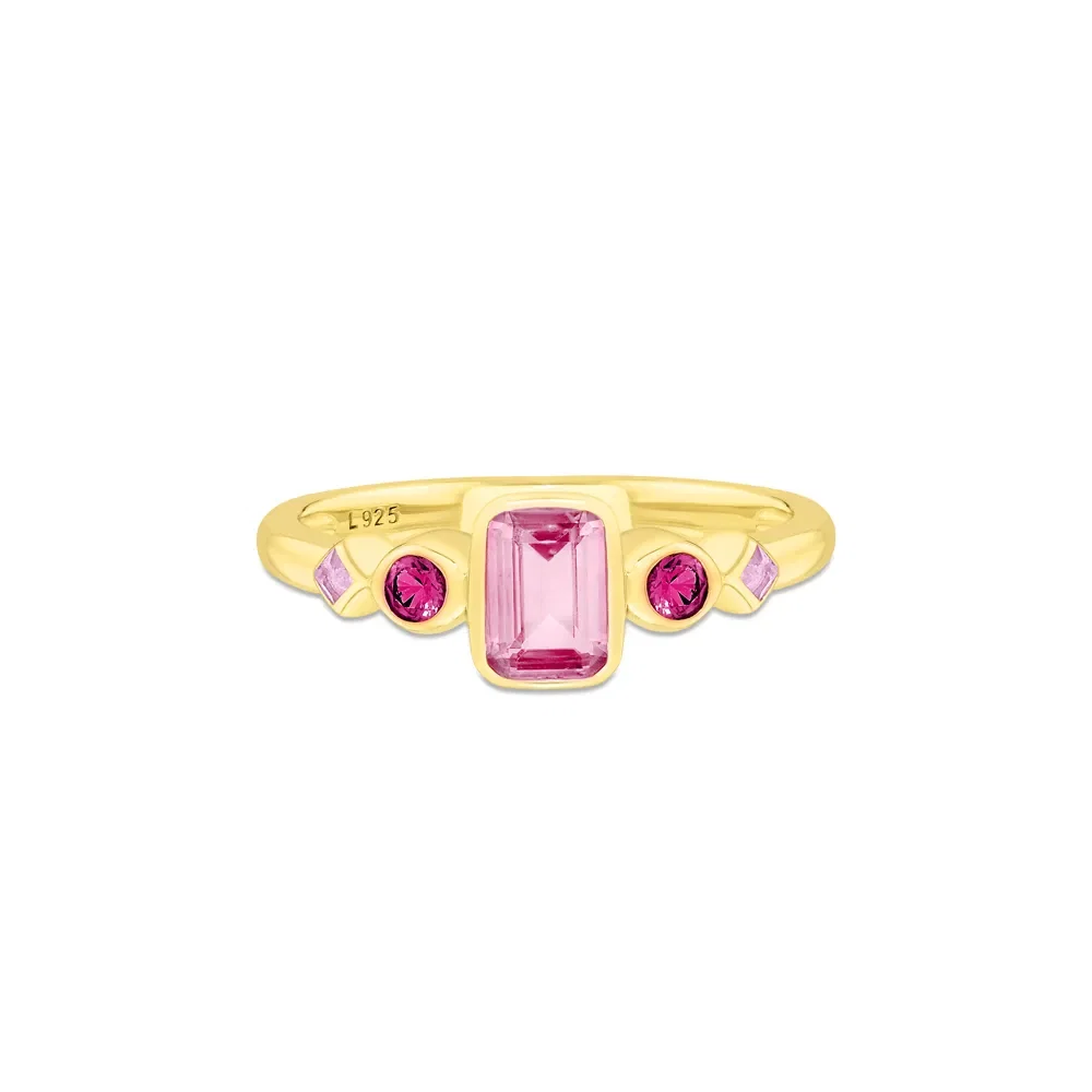 Anel Life Cora em Prata 925 com Banho de Ouro Amarelo 18k e Pedras Rosas