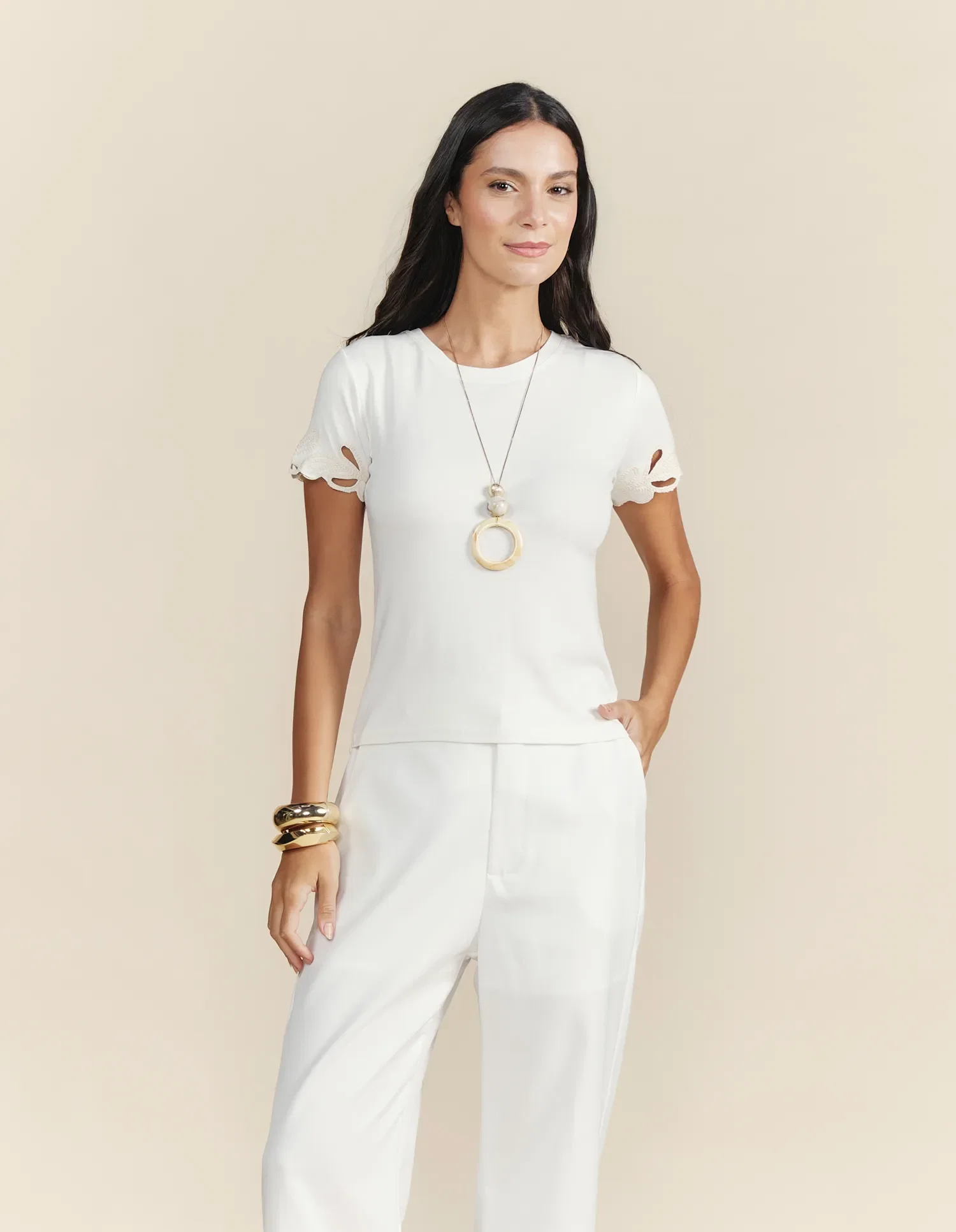 Blusa Manga Curta Bordado Richilieu - Branco — imagem 1