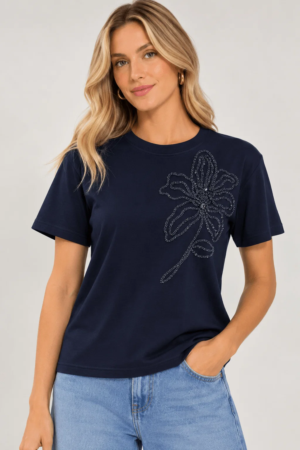 Blusa Bordado Cordonê Flor Lurex - Azul Marinho