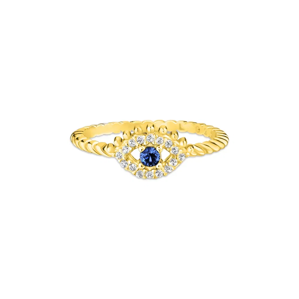 Anel Life Patuás III Olho Grego em Prata 925 com Banho de Ouro Amarelo 18k e Pedras Azul e Incolores