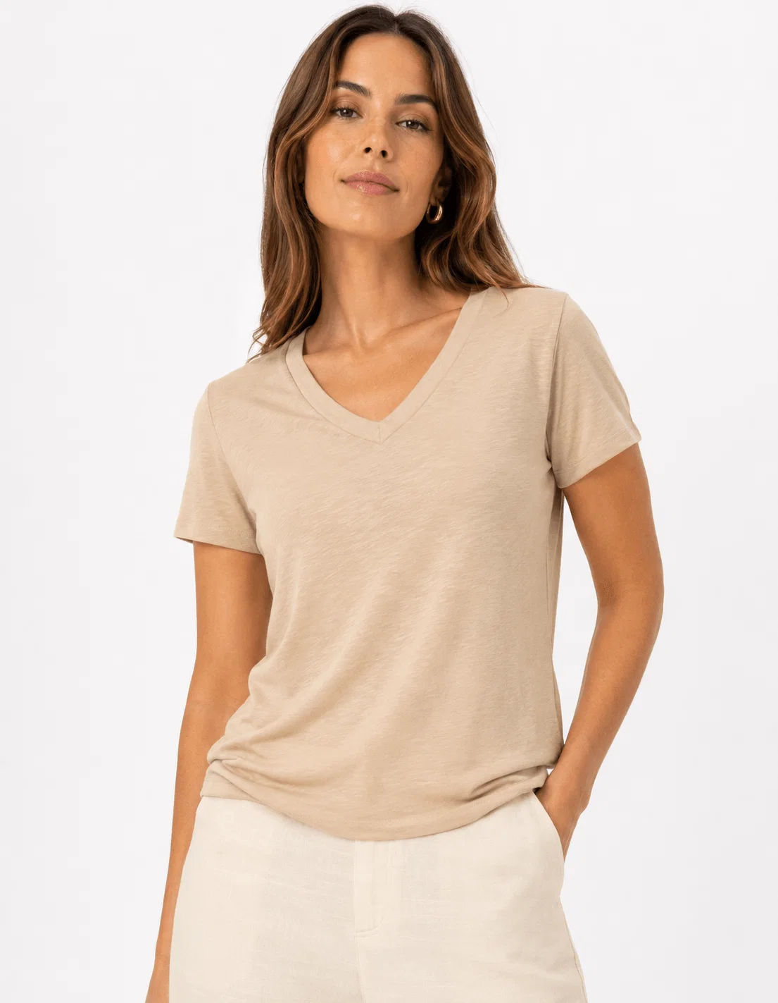 Blusa Manga Curta Canelada Gola v - Bege