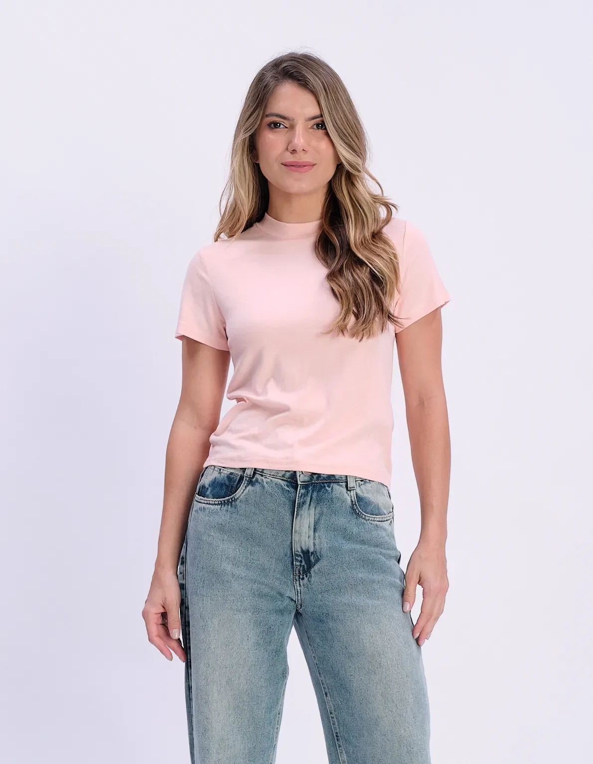 Blusa Básica Manga Curta Gola Alta - Rosa — imagem 1