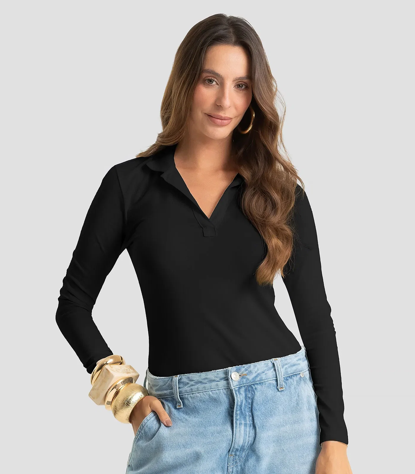 Polo Manga Longa Feminina Cotton Leve Dianna Preto