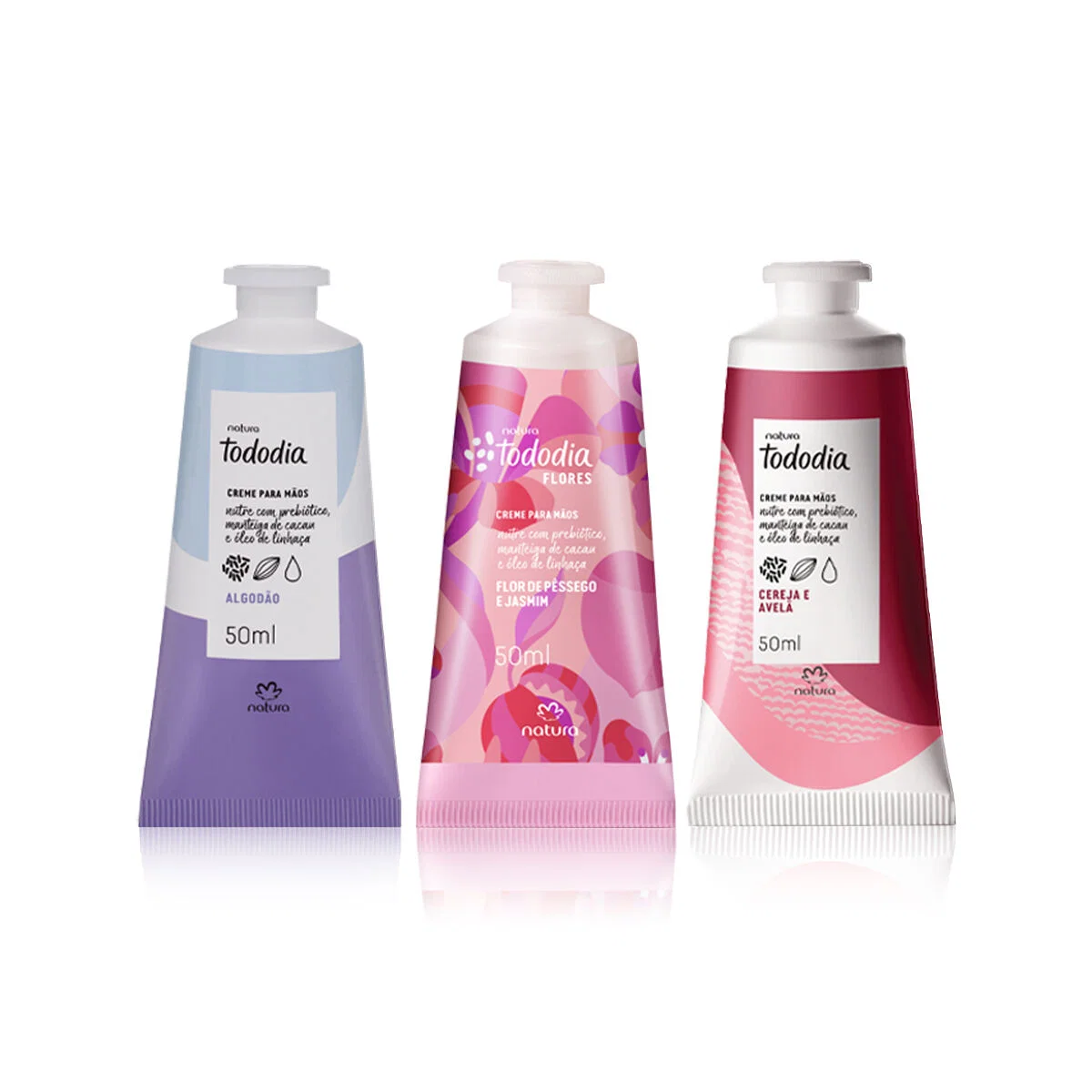 Kit Creme para as Mãos Tododia Flor de Pêssego e Jasmim + Algodão + Cereja e Avelã 3 produtos de 50 ml