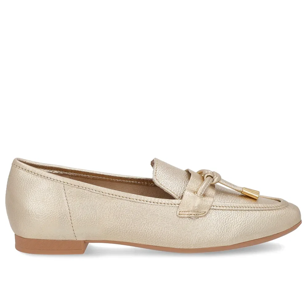 Loafer Dourado Couro Salto Bloco Clássico