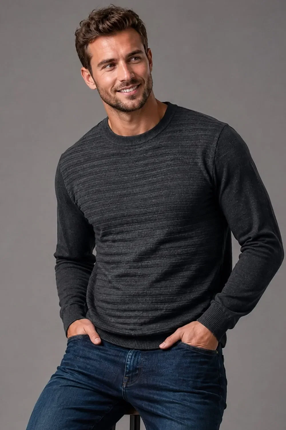 Tricot Masculino Gola Redonda Polo Wear Cinza Escuro — imagem 1