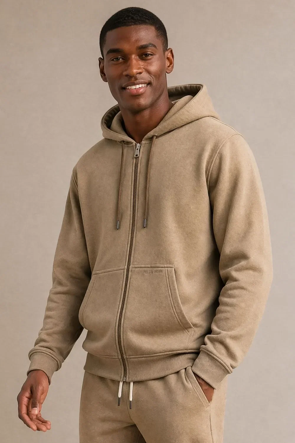 Jaqueta Moletom Masculina Com Zíper e Capuz Polo Wear Bege