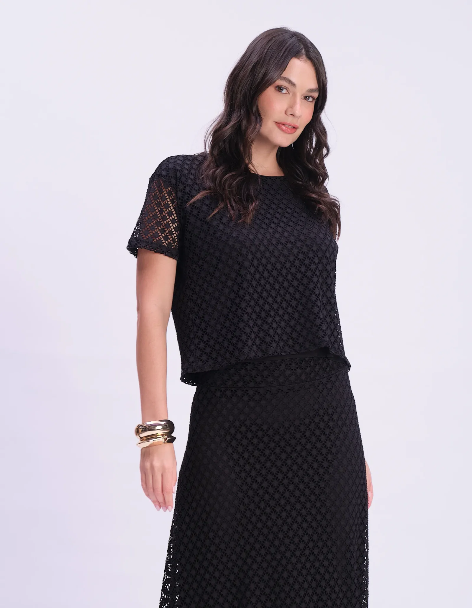 Blusa Renda Textura Geométrica - Preto — imagem 1