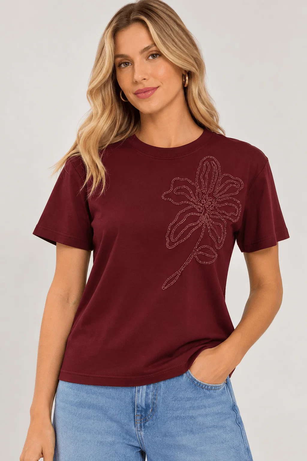Blusa Bordado Cordonê Flor Lurex - Vinho