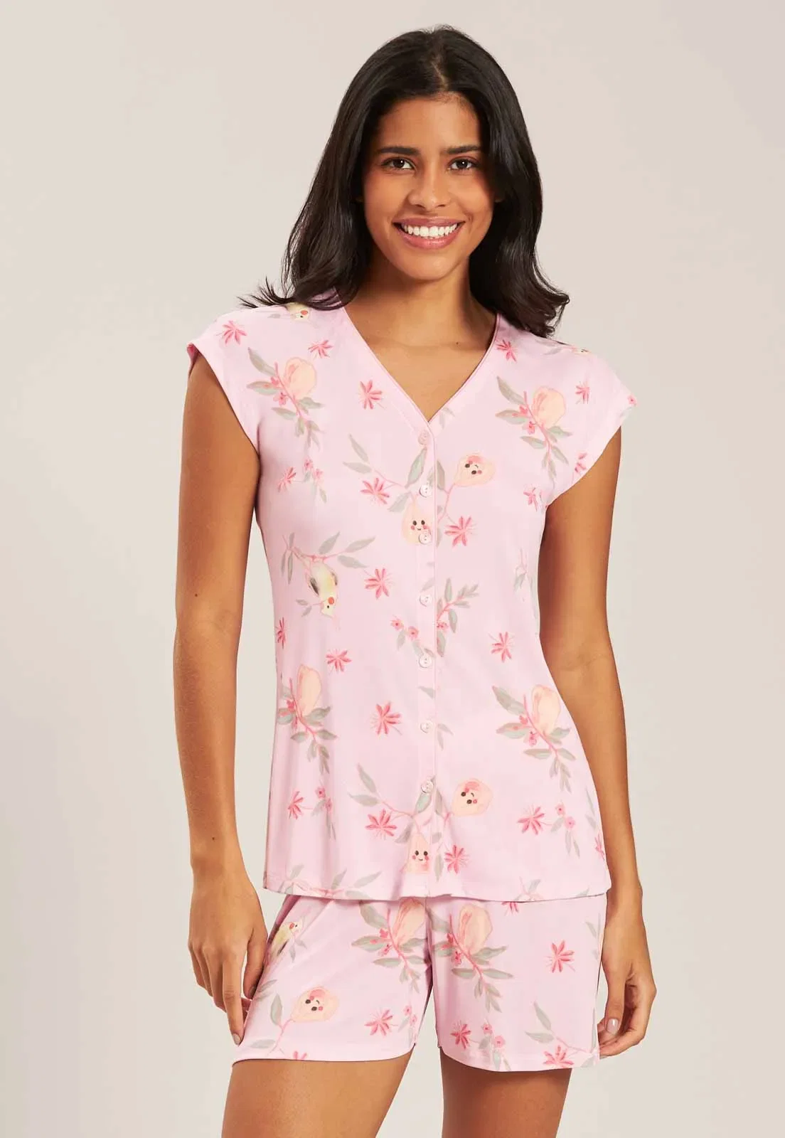 Pijama Manga Japonesa E Shorts Curto De Microfibra Baunilha