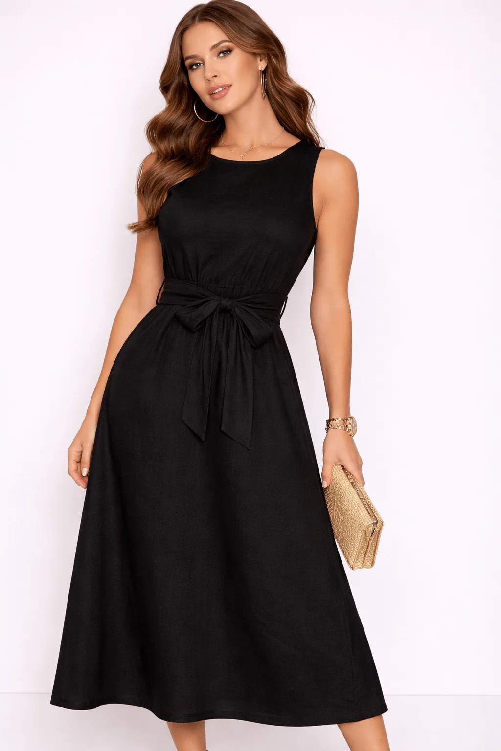 Vestido Midi Com Faixa Amarração - Preto
