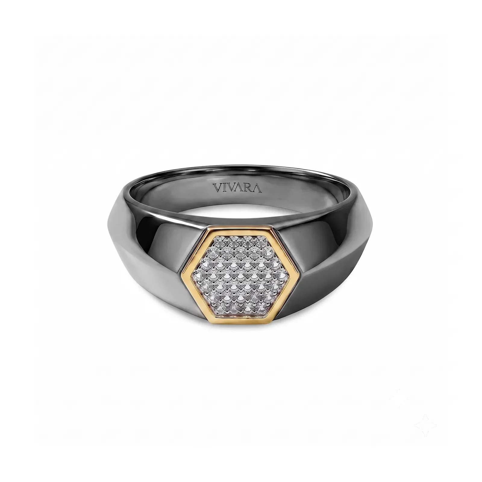 Anel Brave Masculino em Ouro Amarelo e Prata com Banho de Ródio Negro e Safira Incolor