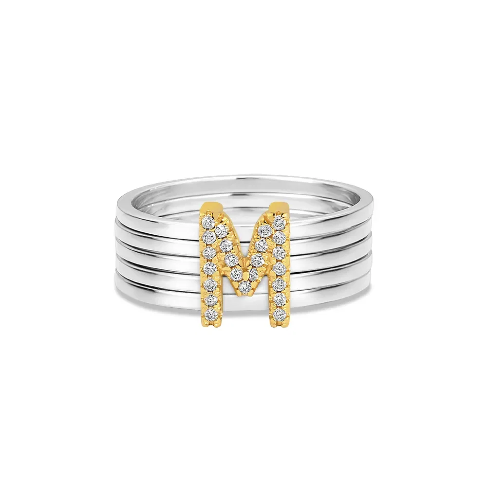 Anel Letra M em Prata 925 com Ouro Amarelo 18k e Diamantes — imagem 1
