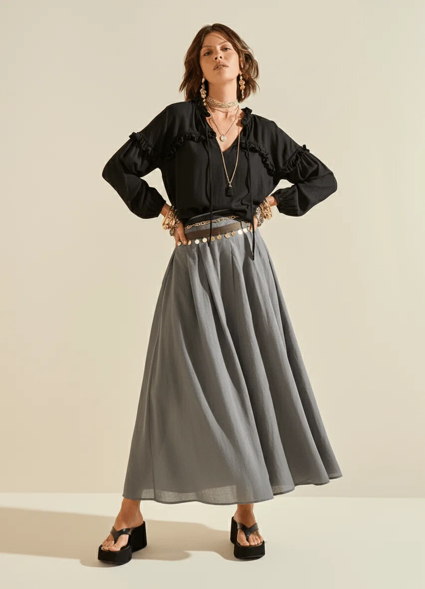 Blusa Morena Rosa Solta Decote V Manga Longa Padrão Preto