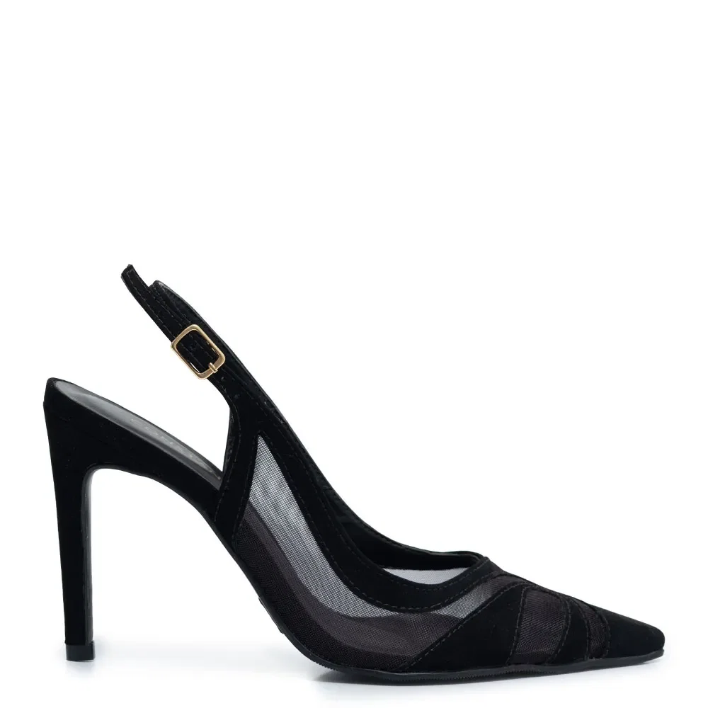 Scarpin Slingback Preto Recortes Tela — imagem 1