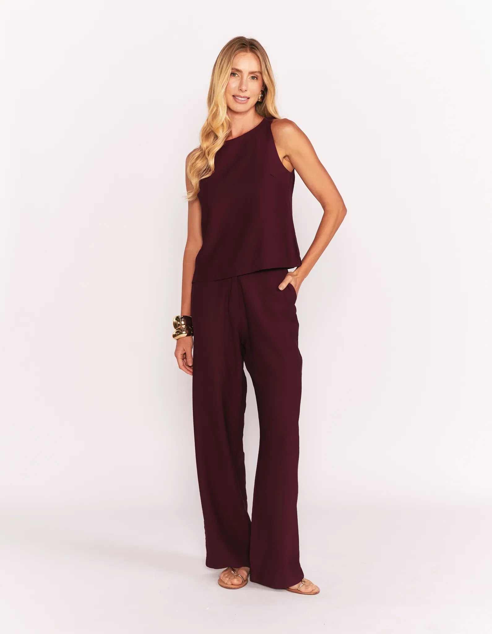 Calça Wide Leg Com Botão - Vinho — imagem 1