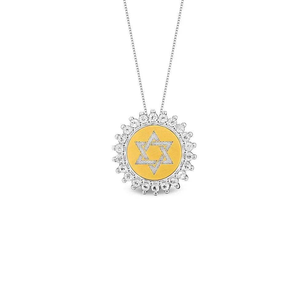 Pingente Medalha Estrela de Davi em Prata 925 e Ouro Amarelo 18k com Topázios Incolores, 15.4mm