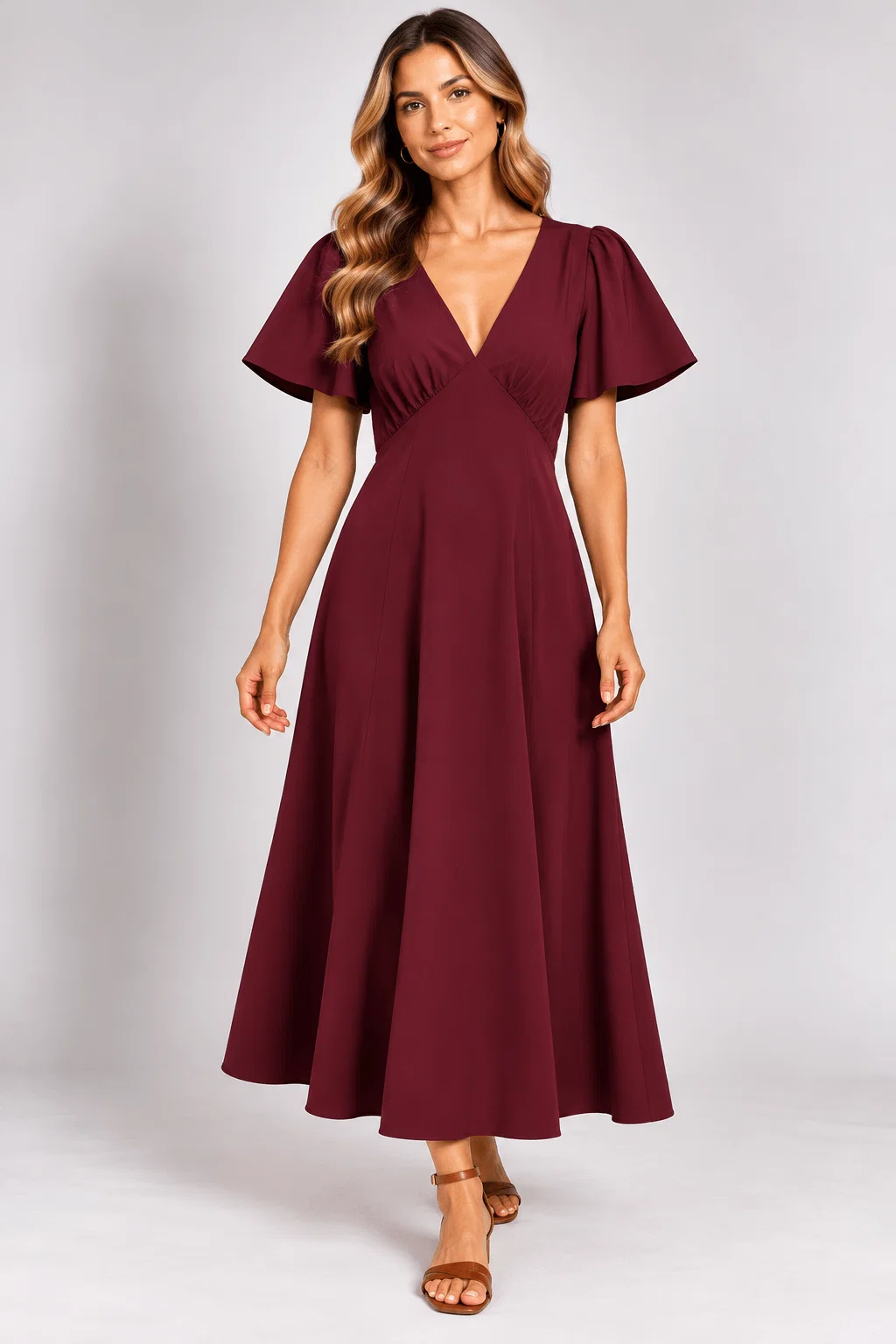 Vestido Midi Decote v - Vinho