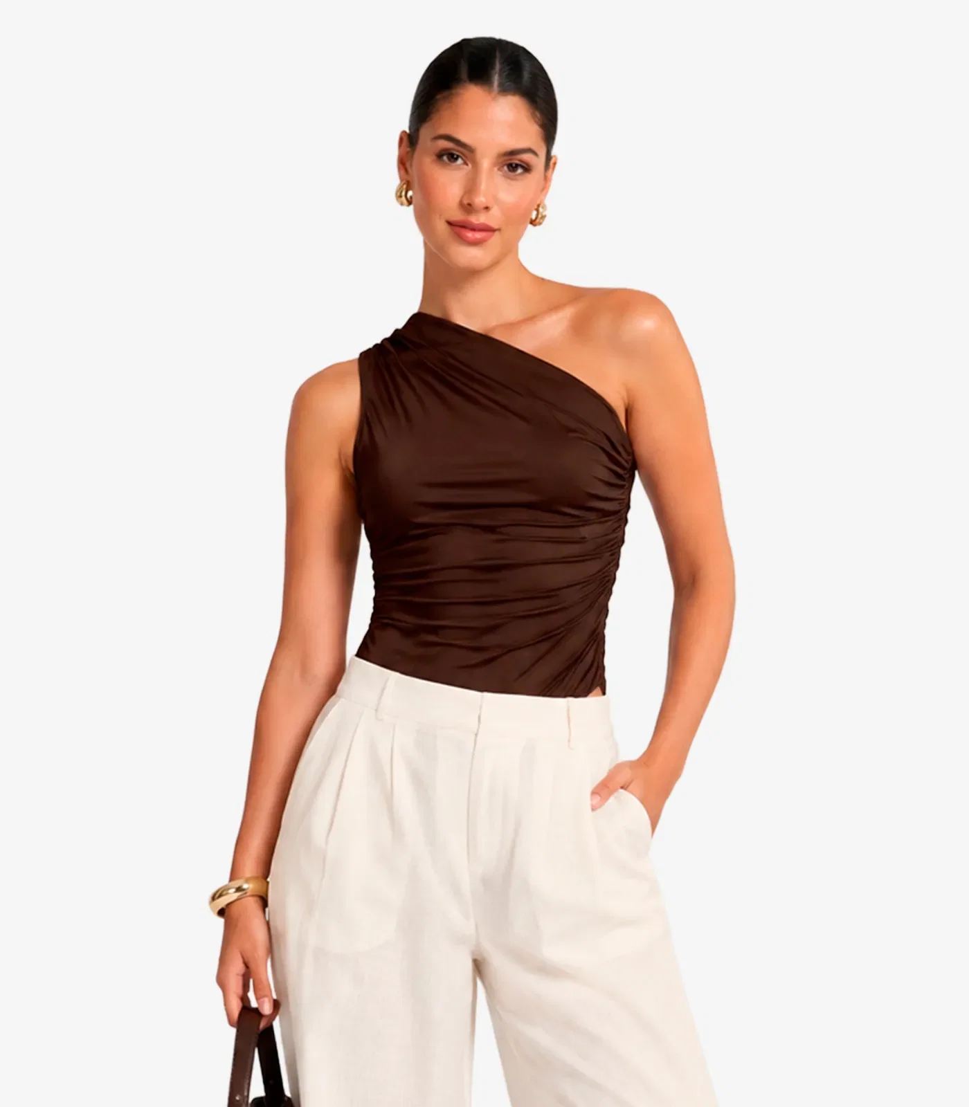 Body Feminino Ombro Unico Franzido Atendencia Marrom