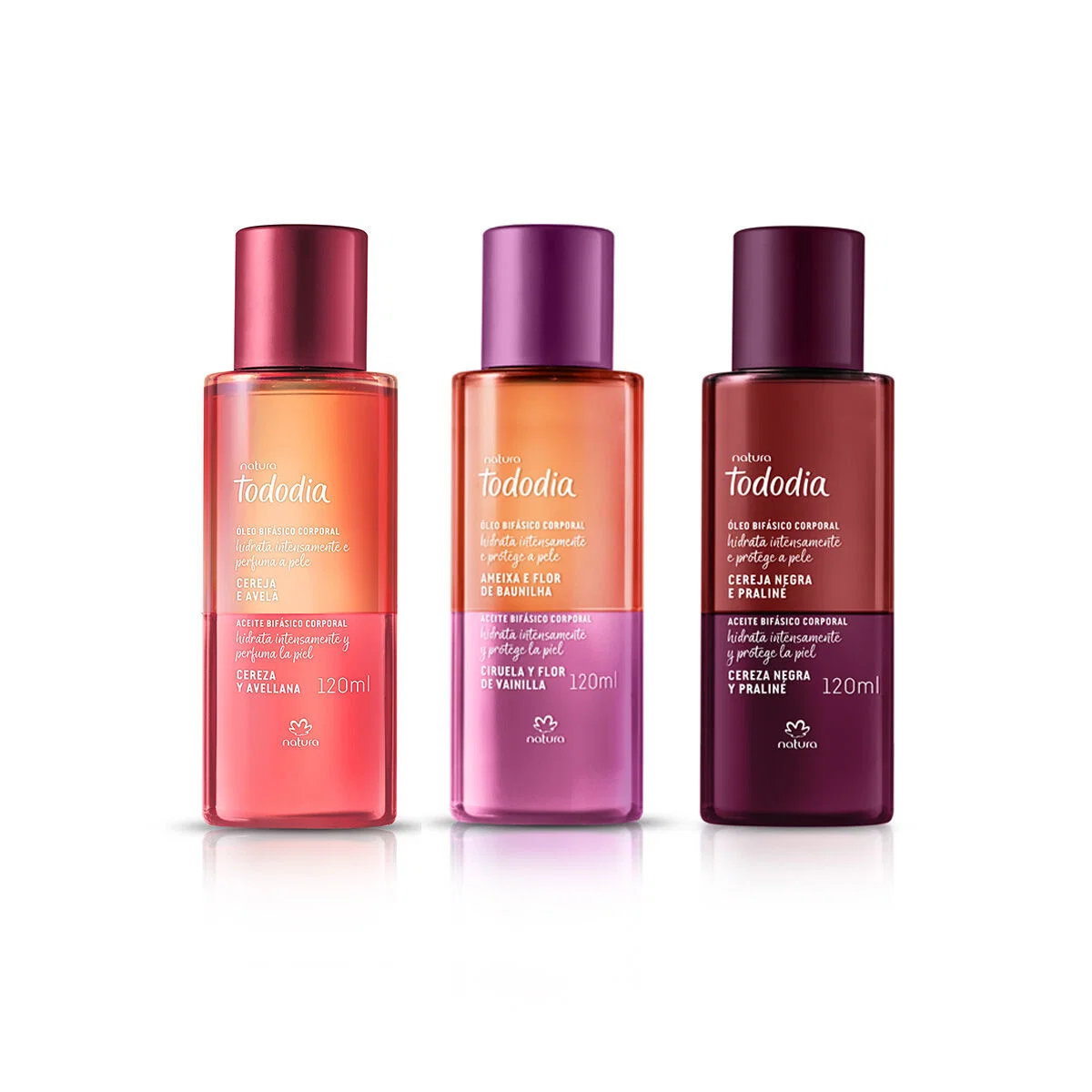 Kit Óleo Bifásico Corporal Tododia Cereja Negra, Ameixa e Flor de Baunilha e Cereja e Avelã 3 produtos de 120 ml