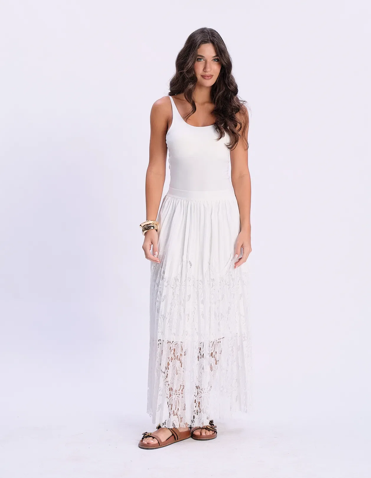 Saia Plissada Renda Devorê - Off White