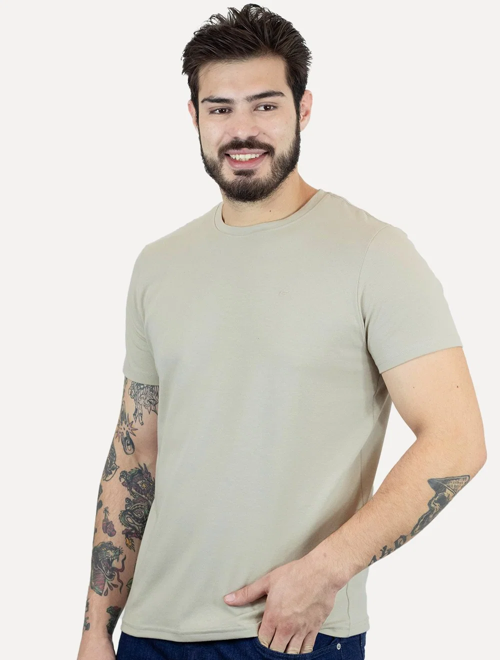 Camiseta Ellus Masculina Cotton Slim Easa Mono Cáqui Claro