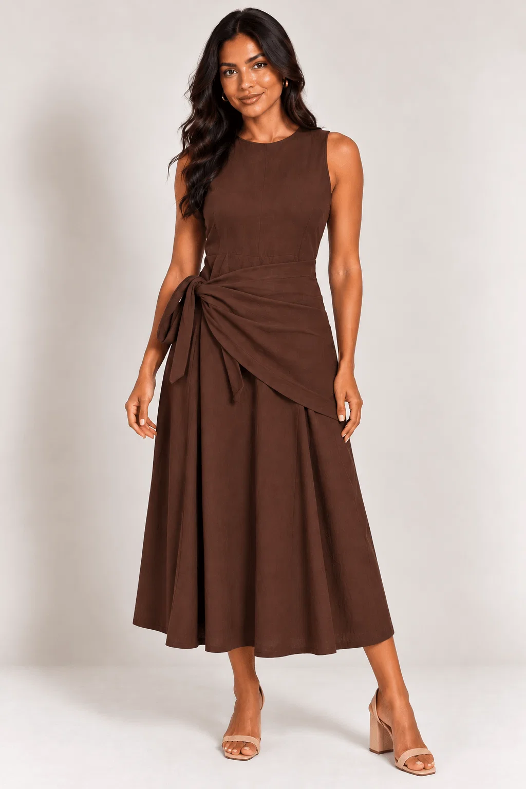 Vestido Midi Detalhe Lenço Amarração - Marrom — imagem 1