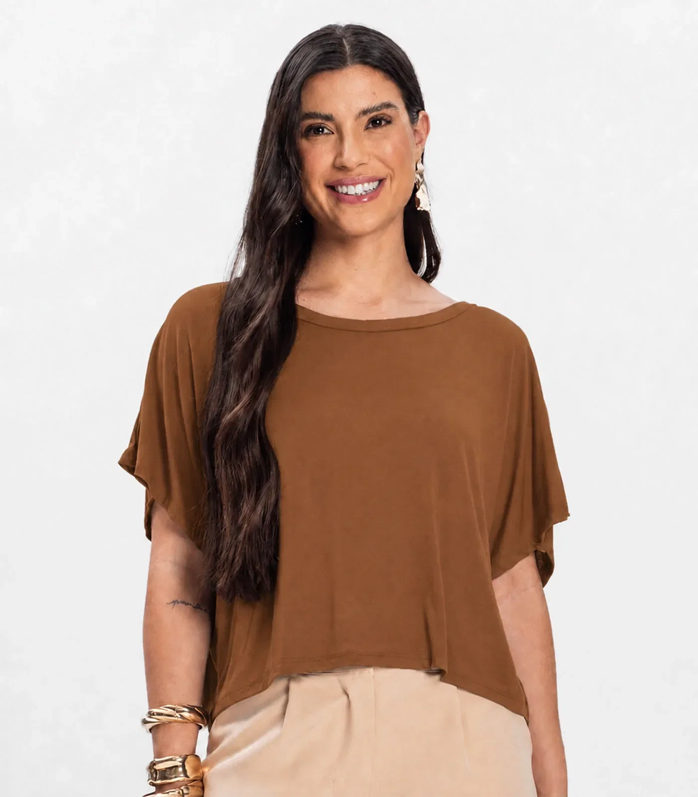 Blusa Feminina com Manga Morcego Rovitex Marrom — imagem 1