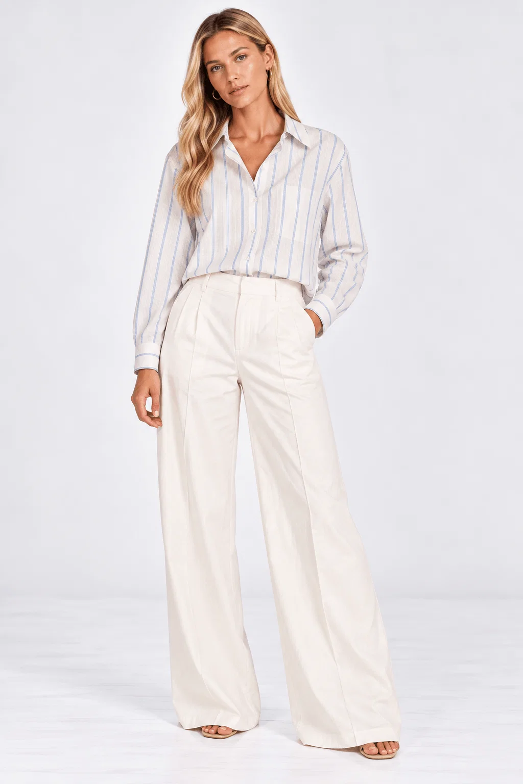 Camisa Manga Longa Listrada Color - Branco C/ Azul — imagem 1