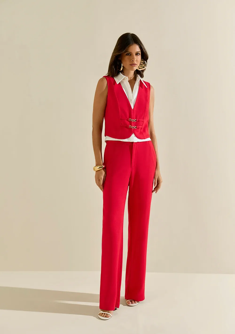 Regata Morena Rosa Ajustada Decote V Cropped Vermelho — imagem 1