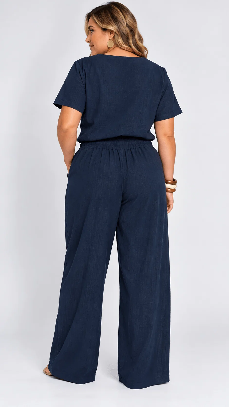 Calça Pantalona Linho Cós Tramado - Marinho — imagem 1