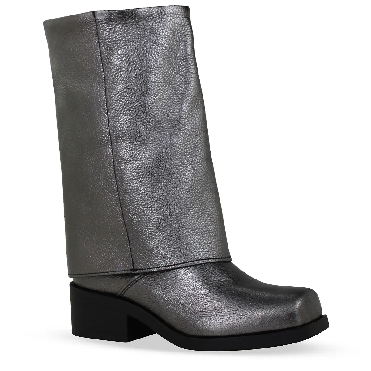 Bota Cano Longo Couro Metalizado Roma Pewter
