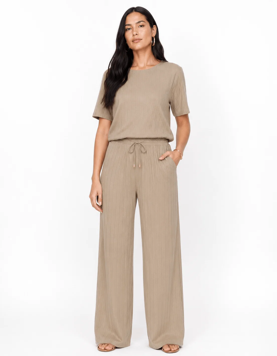 Calça Risca de Giz Cós Elástio Bolso - Caqui