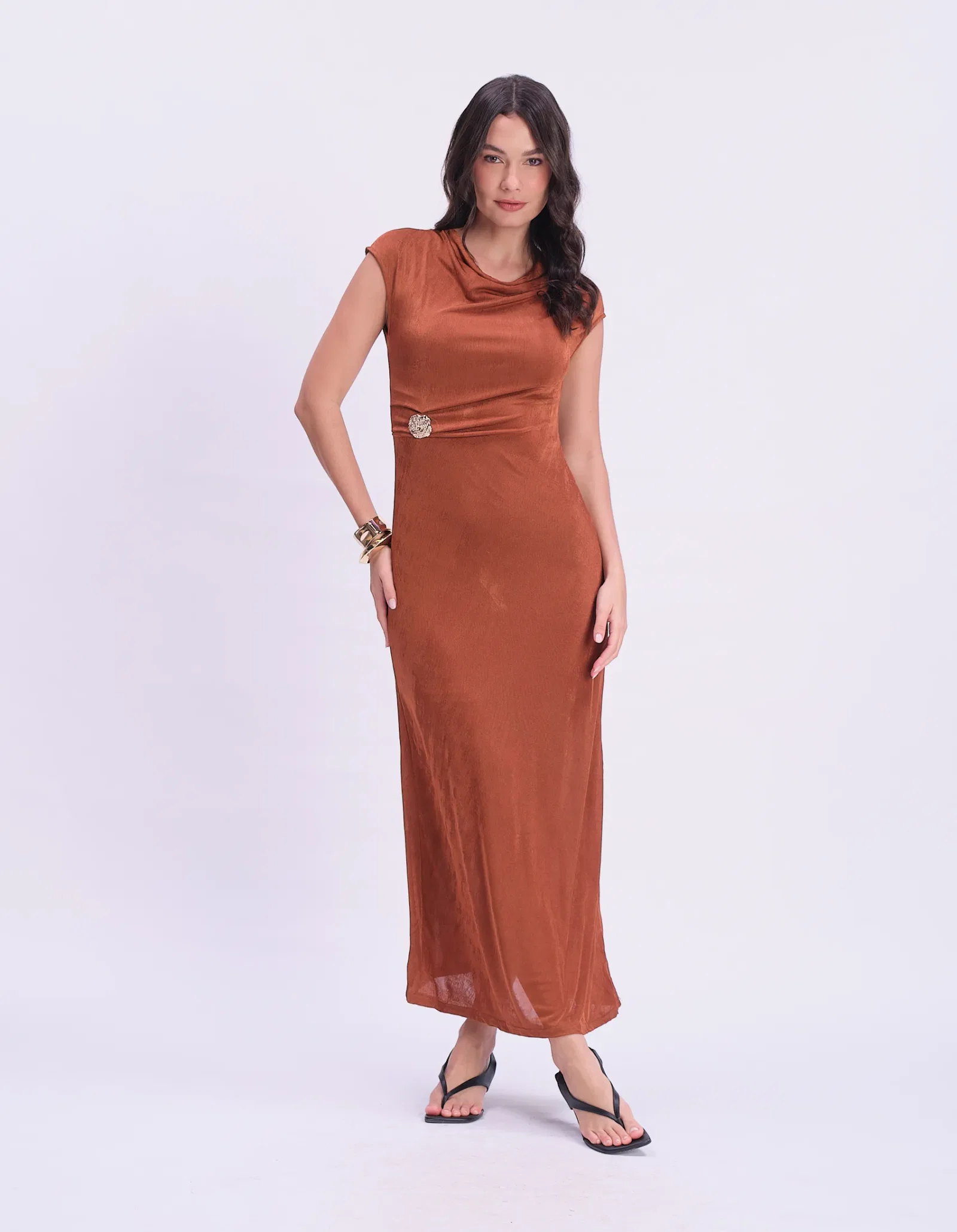 Vestido Longo Detalhe Lateral - Marrom — imagem 1
