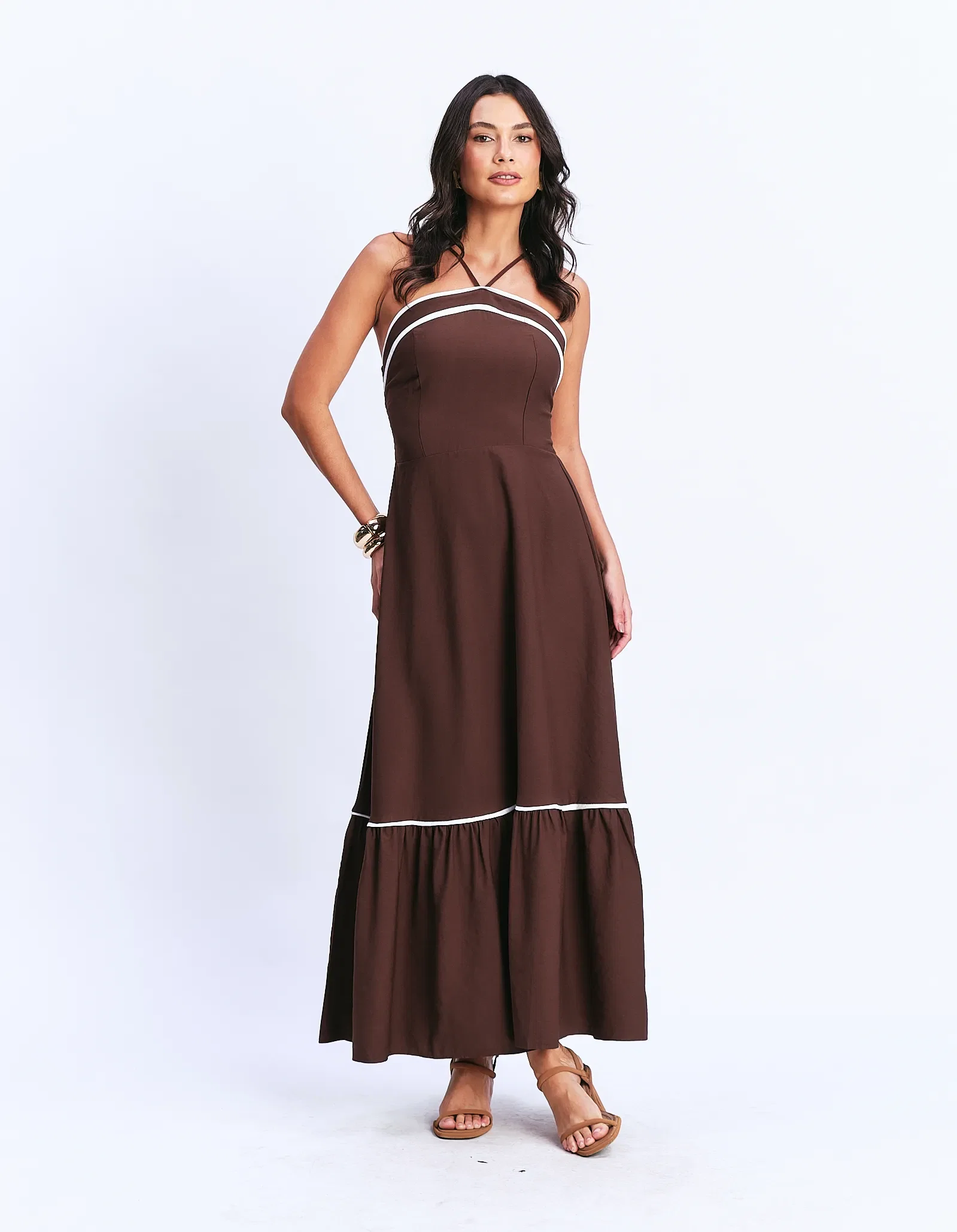 Vestido Longo Frente Única Detalhe Vivos - Cafe — imagem 1
