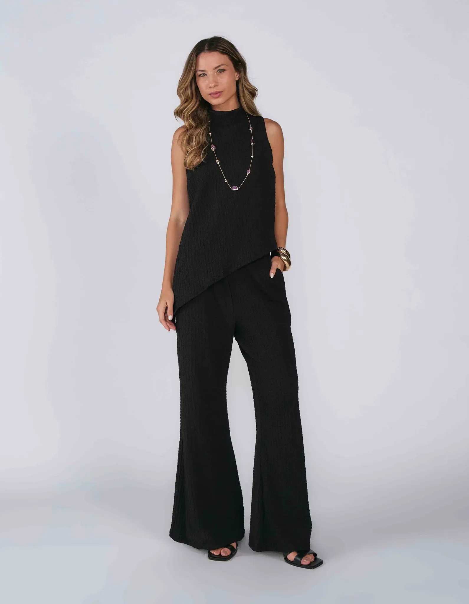 Calça Pantalona Cós Elástico Texturas - Preto — imagem 1