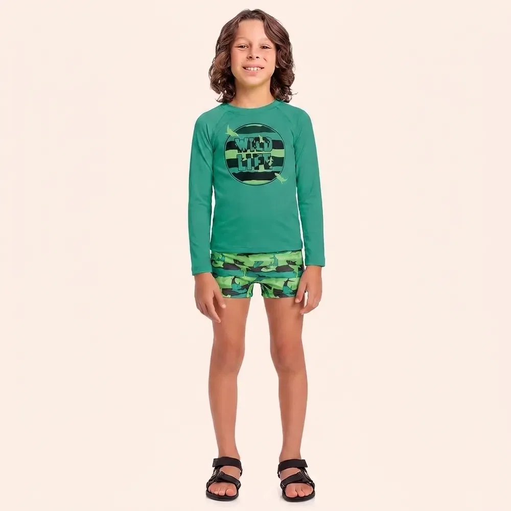 Conjunto infantil camiseta manga longa e sunga boxer com proteção uv