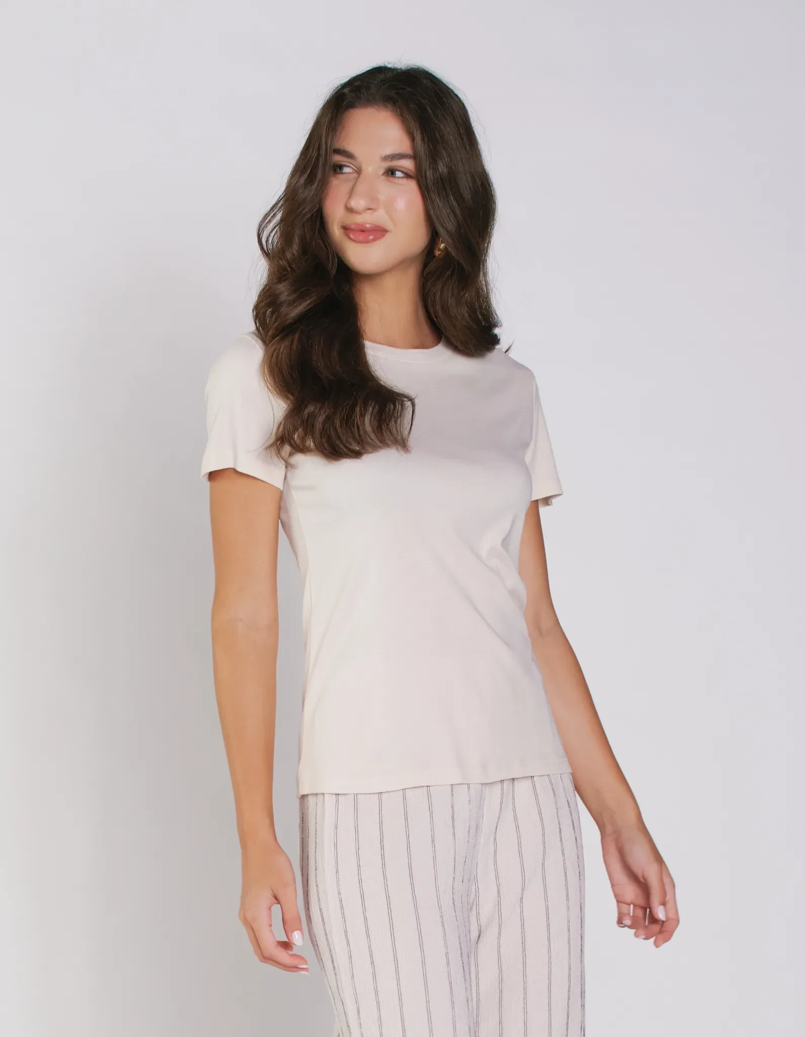 Blusa Malha Basic Manga Curta - Bege