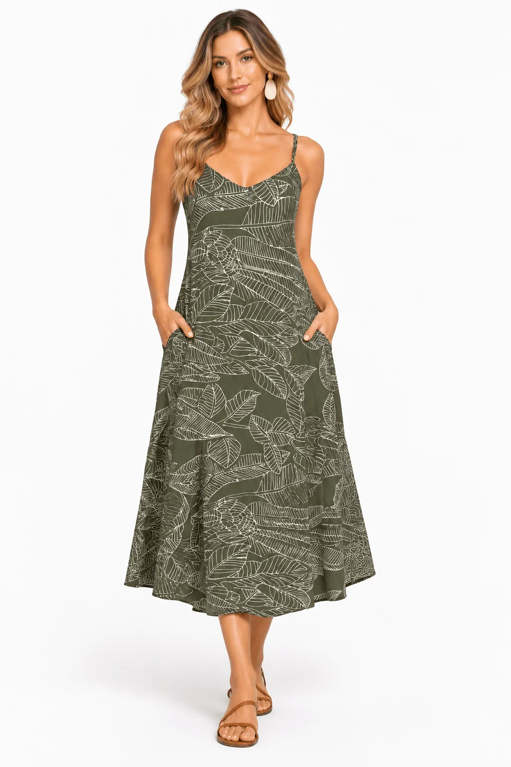 Vestido Midi Estampado Folhas - Verde